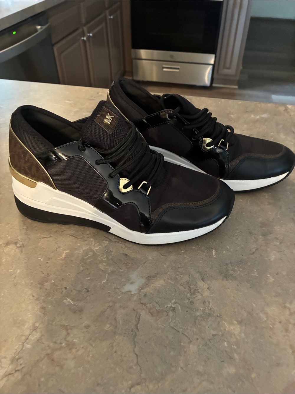 Michael Kors Black & Gold Wedge-Like Lace-Up Sneakers